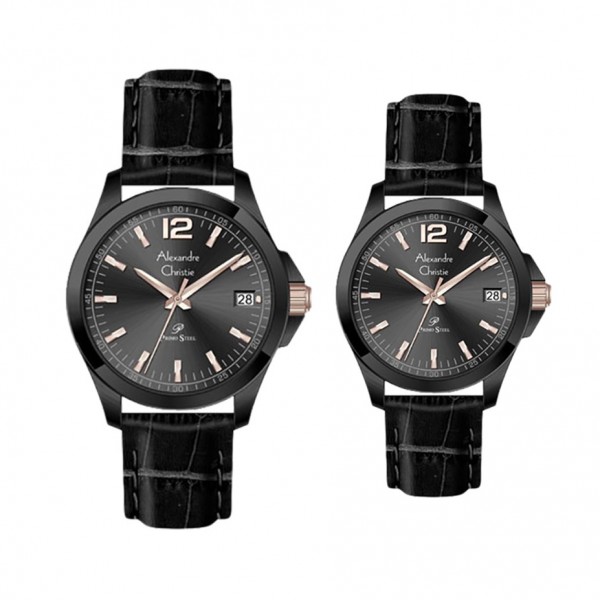 Alexandre Christie AC 1031 Full Black Rosegold Leather Couple